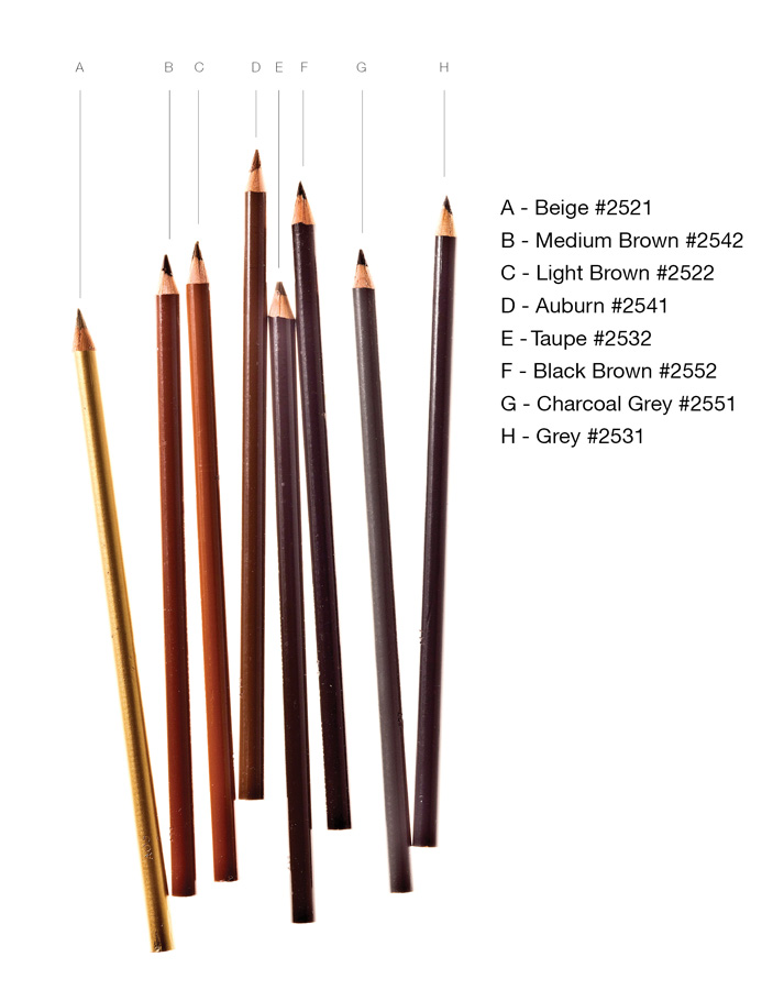 Eight artist colored pencils in earth tones and grey, labeled A-H with color names and pigment numbers.