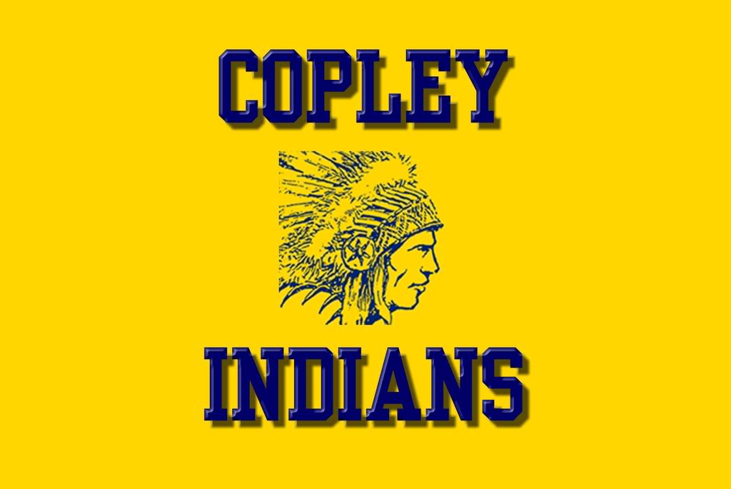 Copley Indians logo featuring blue text and a Native American headdress illustration on a yellow background.