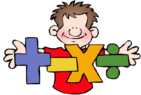 Smiling cartoon boy holding colorful math symbols: plus, minus, times, and division signs.