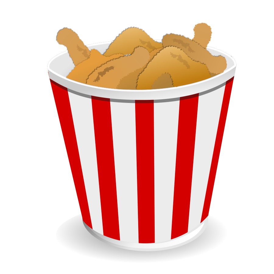 Crispy golden fried chicken pieces in a red-and-white striped paper bucket.