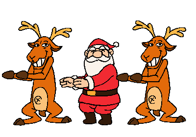 Santa Claus standing between two reindeer in a cartoon style, all smiling and posing together.