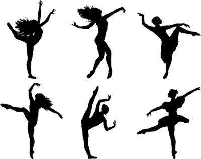 Six black silhouettes of dancers in dynamic ballet and contemporary poses against a white background.