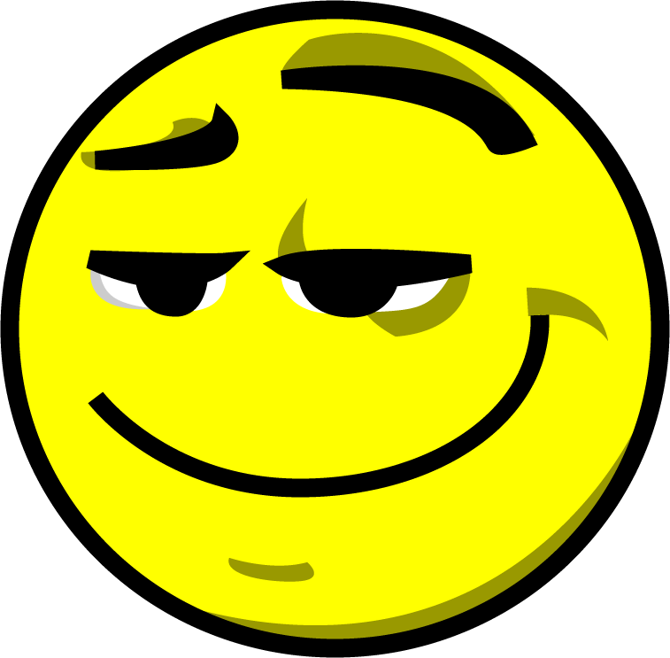 Yellow smiley face with raised eyebrow, half-closed eyes, and a sly smirk conveying smugness or playful skepticism.
