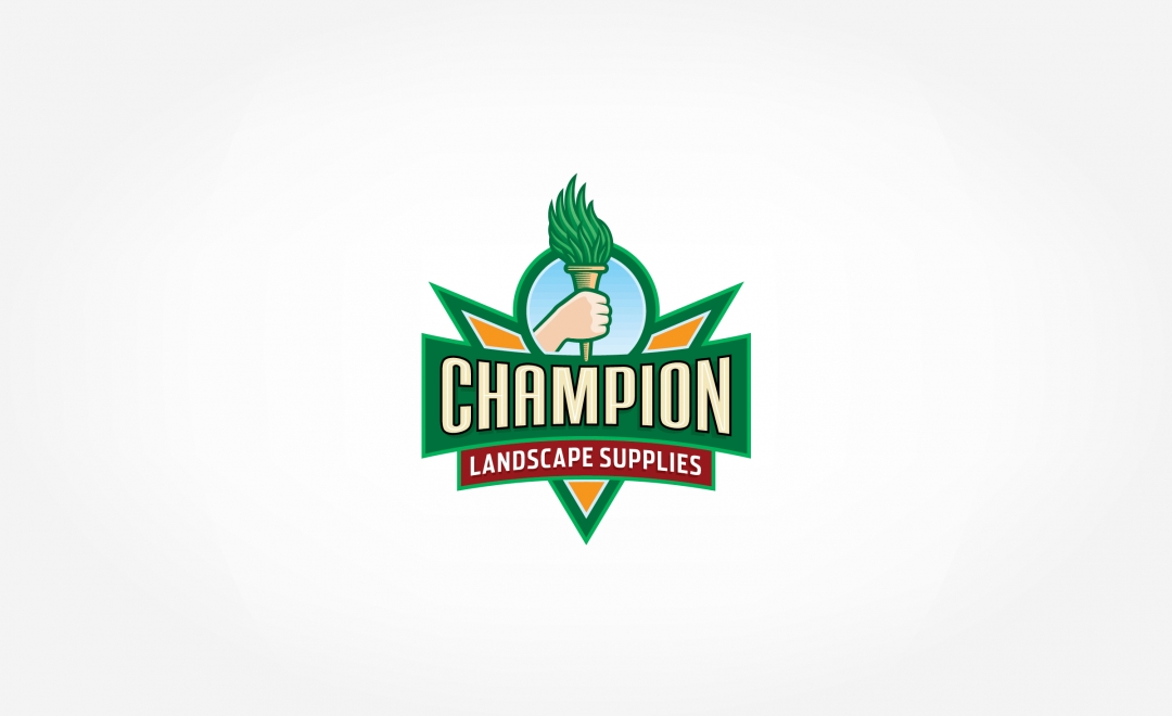 Champion Landscape Supplies logo featuring a hand holding a green torch within a shield-shaped emblem.