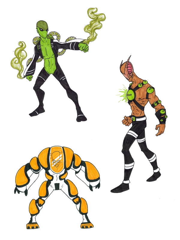 Superhero Character Designs - Green Bio-Force, Alien Warrior, and Robotic Guardian
