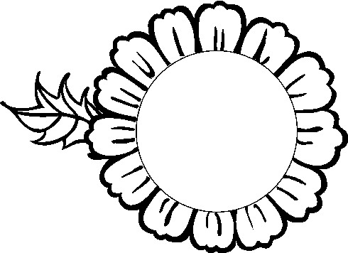 Black-and-white line drawing of a sunflower with detailed petals and a leaf on the left side.