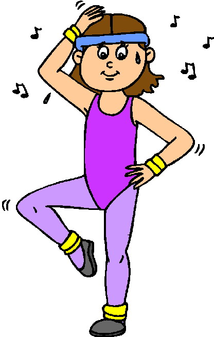 A smiling woman in purple workout attire doing aerobic dance with music notes around her.
