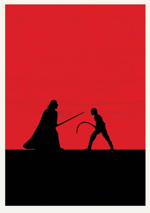 Silhouetted duel between Darth Vader and Luke Skywalker against a stark red backdrop.