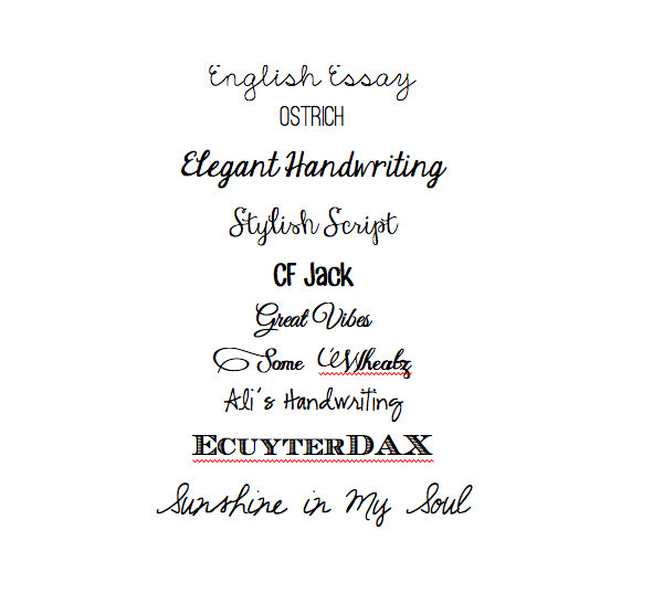 Collection of elegant and stylish handwritten font samples including "English Essay", "Ostrich", "CF Jack", and "Sunshine in My Soul".