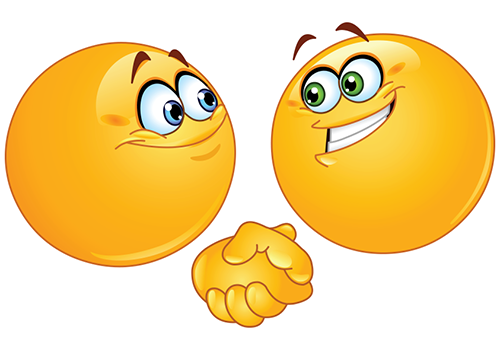 Two cheerful yellow emoji characters shaking hands with expressive eyes and smiles.