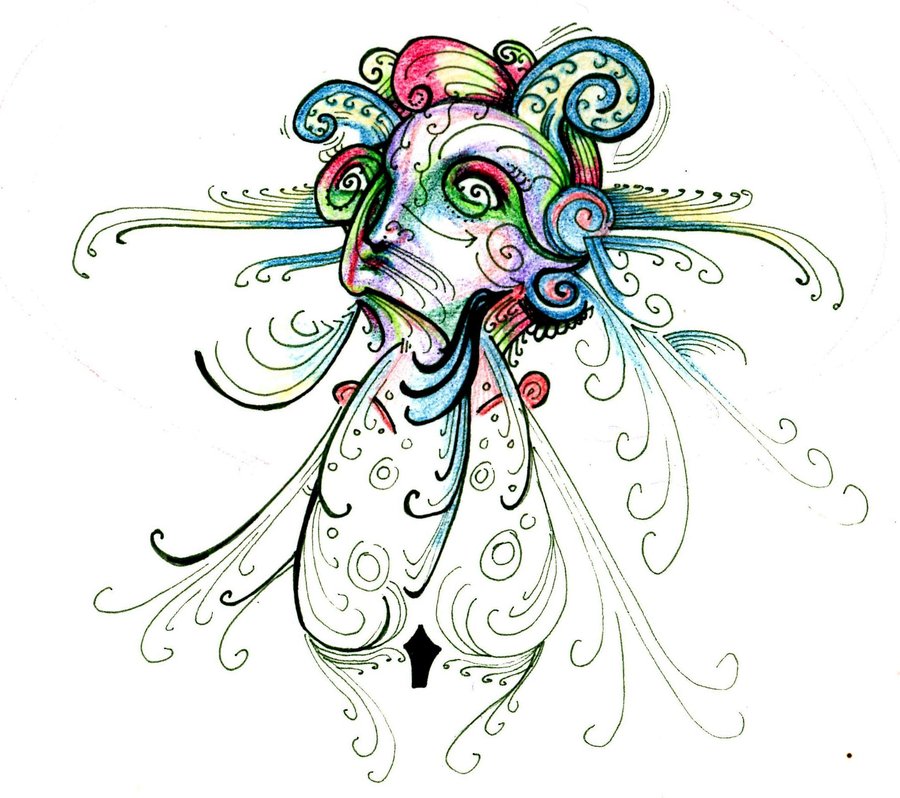 Vibrant psychedelic illustration of a surreal face with swirling patterns, ornate curls, and rainbow hues on white background.