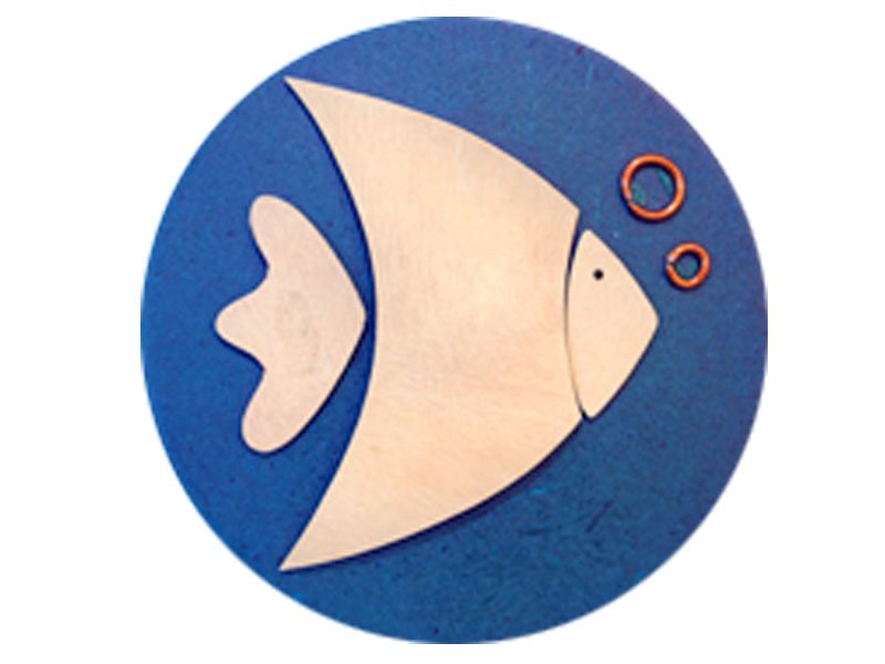 Wooden fish puzzle piece on blue circular background with orange bubble accents