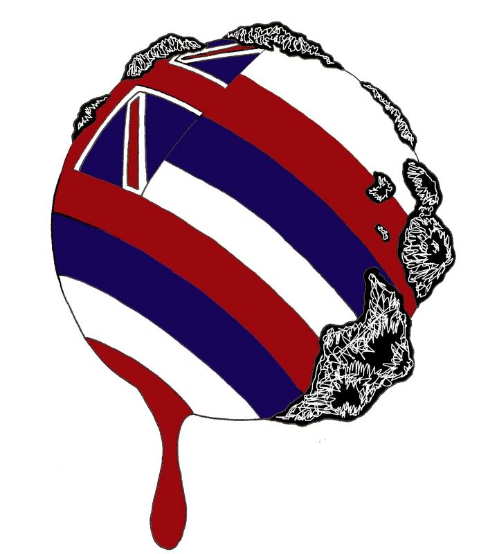Hawaiian flag melting with distressed edges and red drip, symbolizing cultural erosion or political tension.