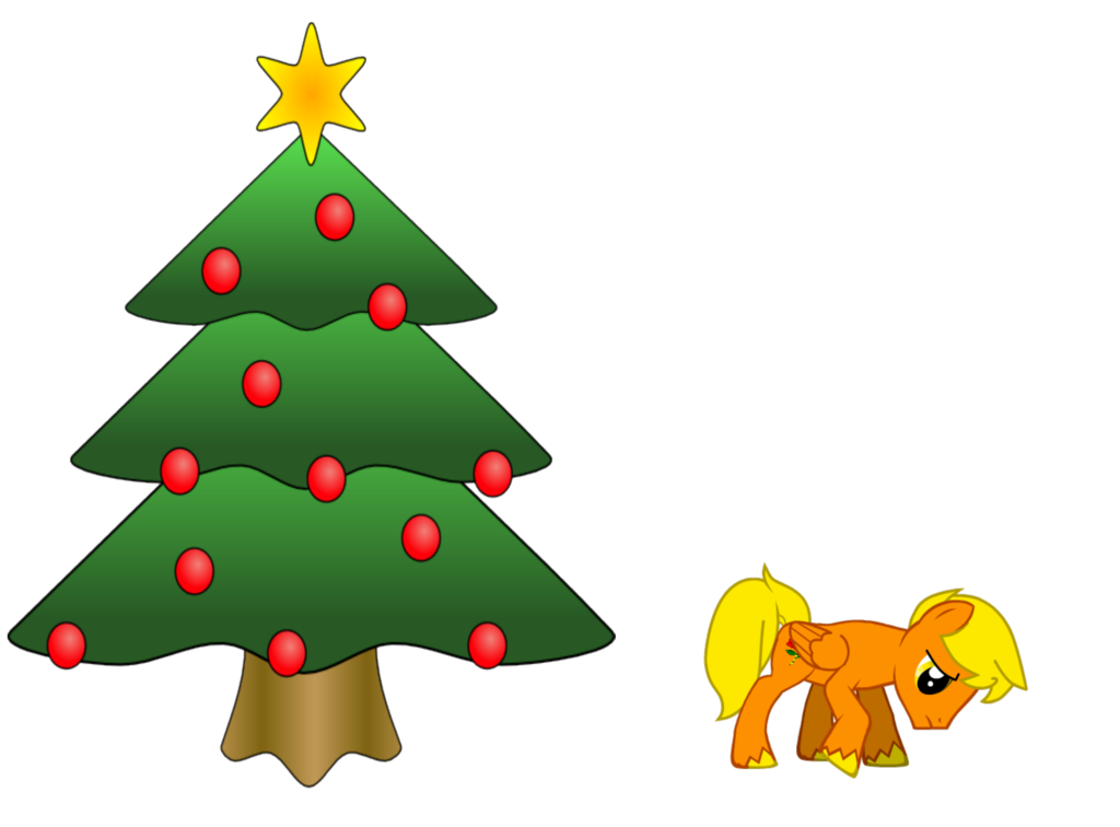A cartoon orange pony with yellow mane stands beside a decorated green Christmas tree topped with a yellow star.