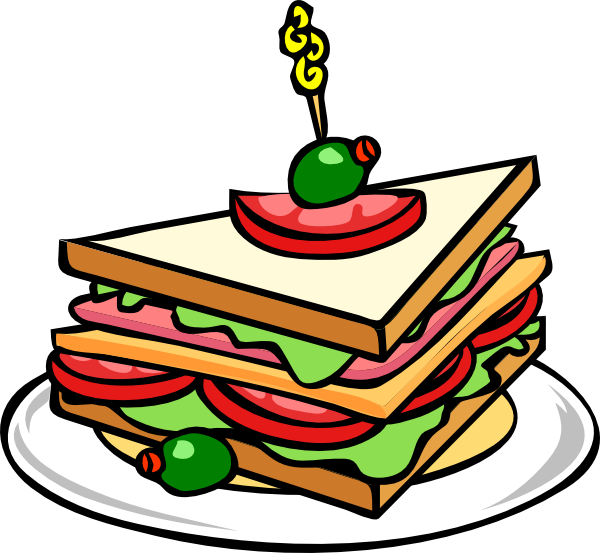 Classic club sandwich with layers of ham, tomato, lettuce, and olive garnish on a white plate.