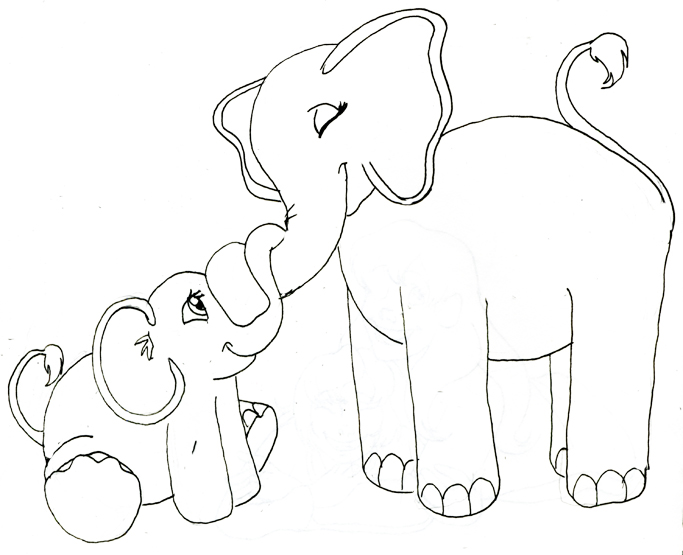 Elephant Mother and Baby, Pencil Drawing, African Animals, Zoo Animals