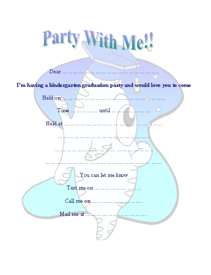 Colorful kindergarten graduation party invitation with cartoon character and fill-in-the-blank details.