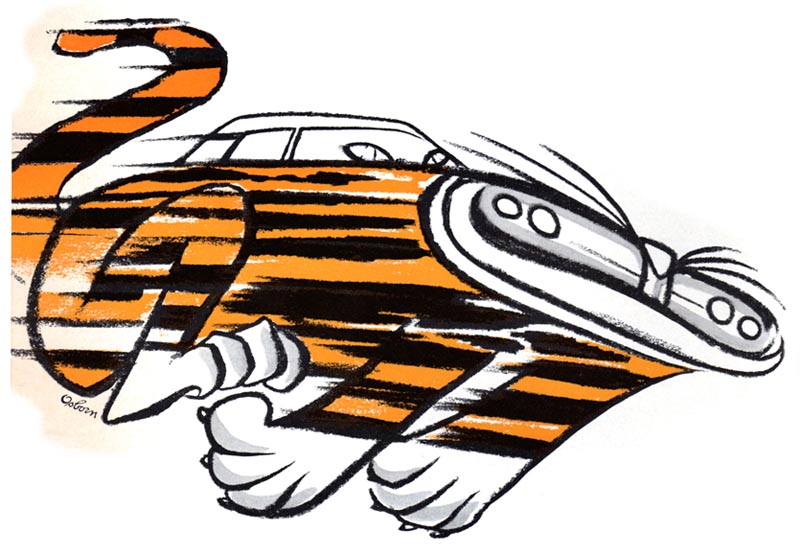 Vintage-style illustration of a classic car speeding through bold orange-and-black tiger stripes, evoking speed and power.