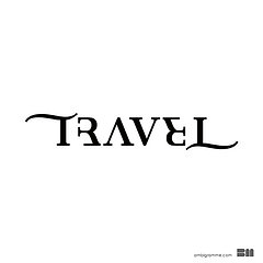 Elegant black serif "TRAVEL" text logo on white background, stylized with decorative flourishes.