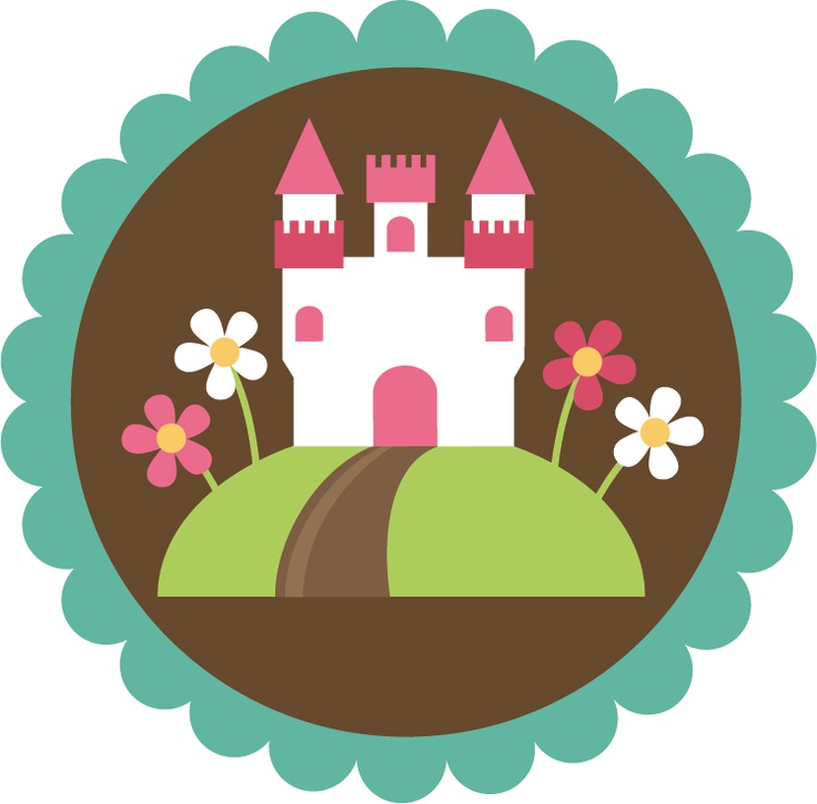 Whimsical pink-and-white fairy tale castle on a green hill with flowers and a winding path, framed by scalloped teal border.
