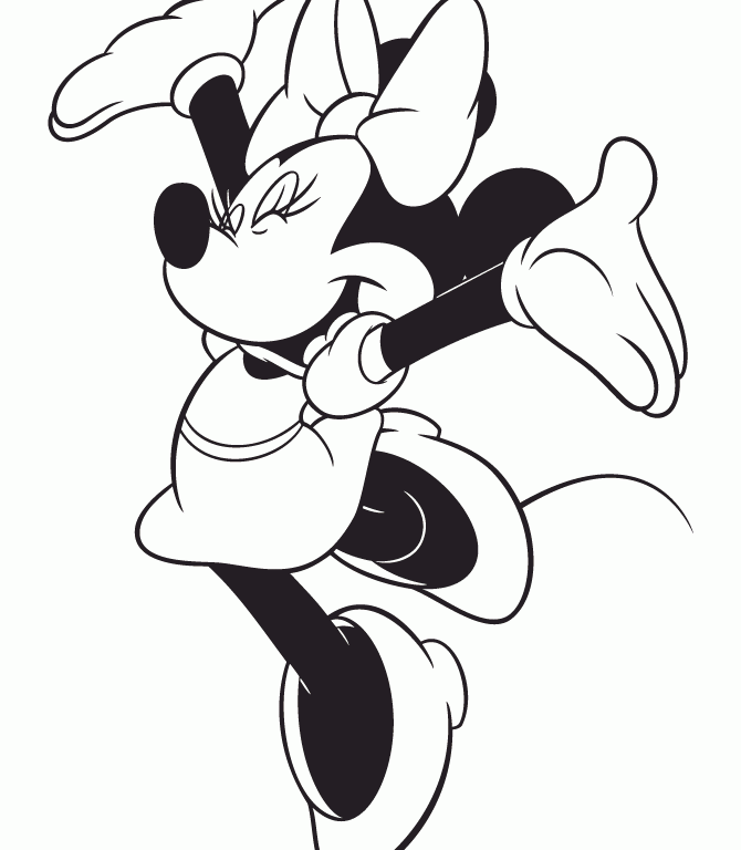 Minnie Mouse in a playful dab pose, black-and-white line art with bow and gloves.