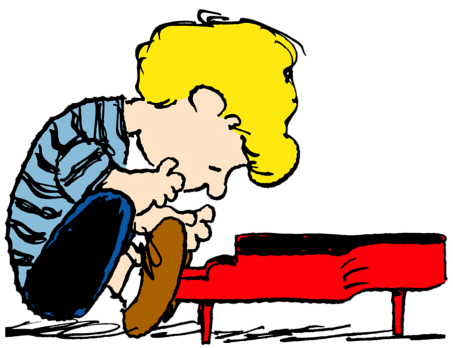 Charlie Brown sitting dejectedly beside a red piano, head bowed and hands clasped.
