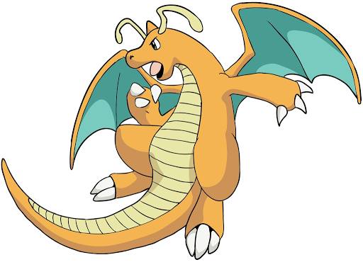 A vibrant orange Dragonite with teal wings, sharp claws, and a long striped tail, posed dynamically mid-flight.