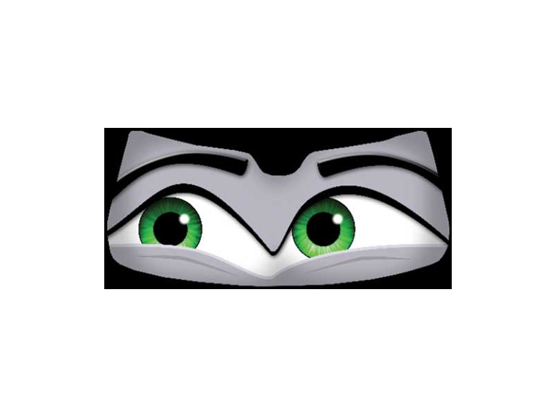 Animated green eyes with silver mask, intense and focused expression