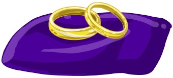 Two interlocked gold wedding rings resting on a rich purple velvet cushion.