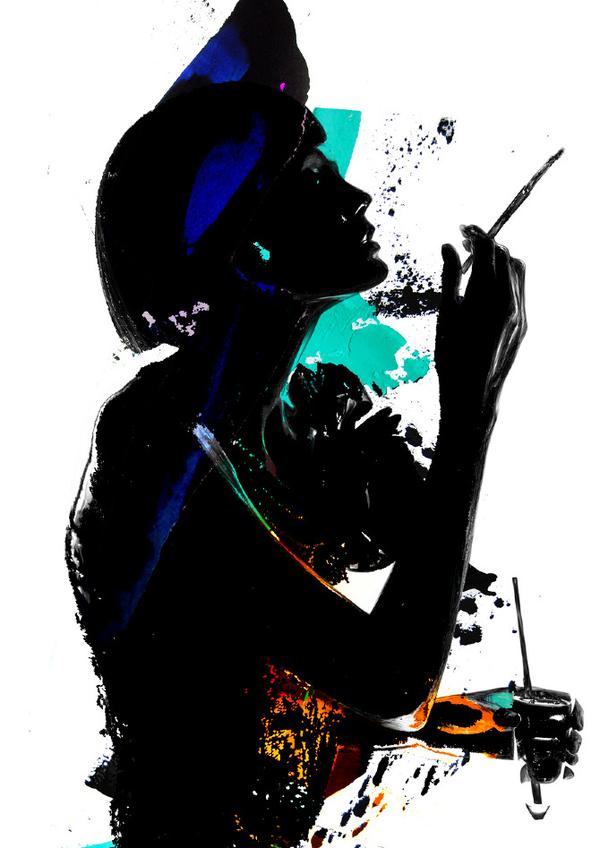 Silhouetted artist in profile, holding paintbrush and palette, with vibrant blue, teal, and orange splashes against white background.