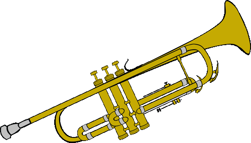 Golden brass trumpet with three valves, coiled tubing, and flared bell on white background.
