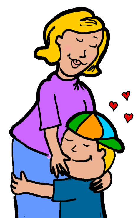 A smiling mother hugs her son wearing a colorful cap; hearts float nearby, symbolizing love and affection.