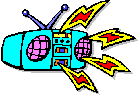A colorful cartoon boombox with antennas and lightning bolts shooting from its speakers, symbolizing energetic music playback.