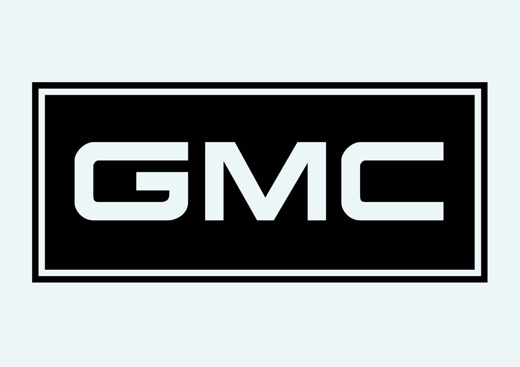 GMC logo featuring bold white uppercase letters on a black rectangular background with double border framing.