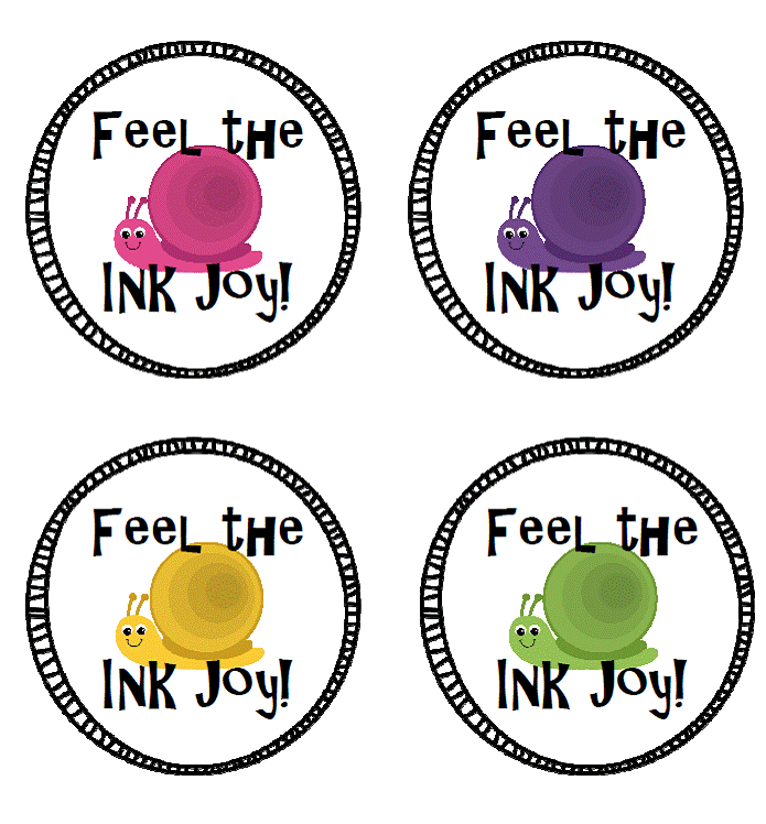 Four colorful snail-themed "Feel the Ink Joy!" stickers in pink, purple, yellow, and green, each in a decorative circular border.