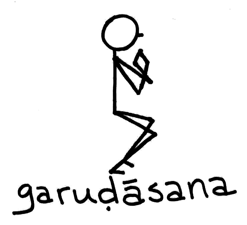 Stick figure demonstrating Garudasana (Eagle Pose) with arms and legs entwined, labeled in Devanagari script.