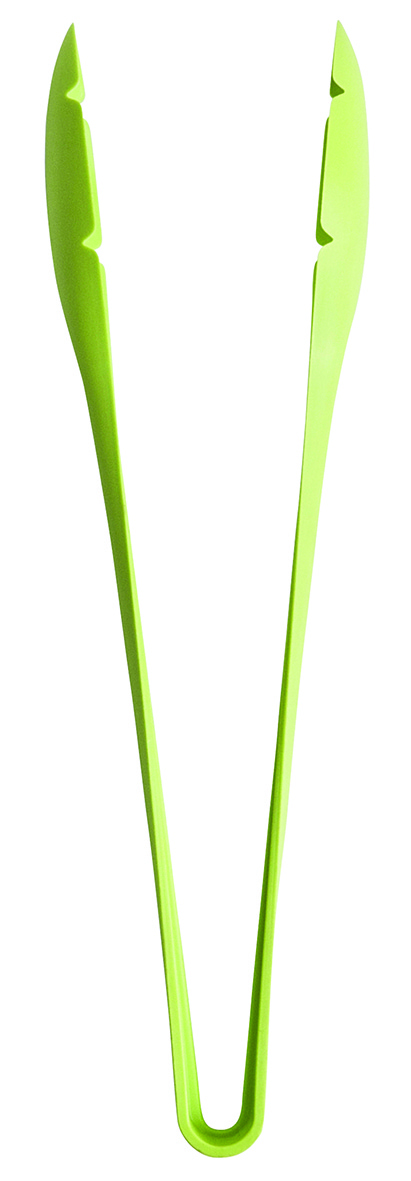 Bright lime-green plastic kitchen tongs with serrated gripping edges and ergonomic loop handle, isolated on white background.