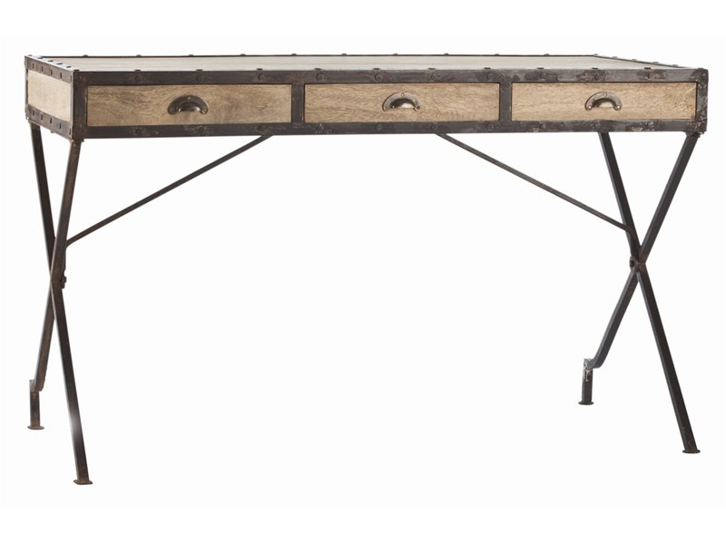 Rustic Industrial Desk - 3-Drawer Wood & Metal Writing Table