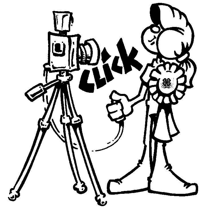 A cartoon 4-H member holding a camera on a tripod, giving a thumbs-up with a "Click" sound effect and wearing a 4-H ribbon.