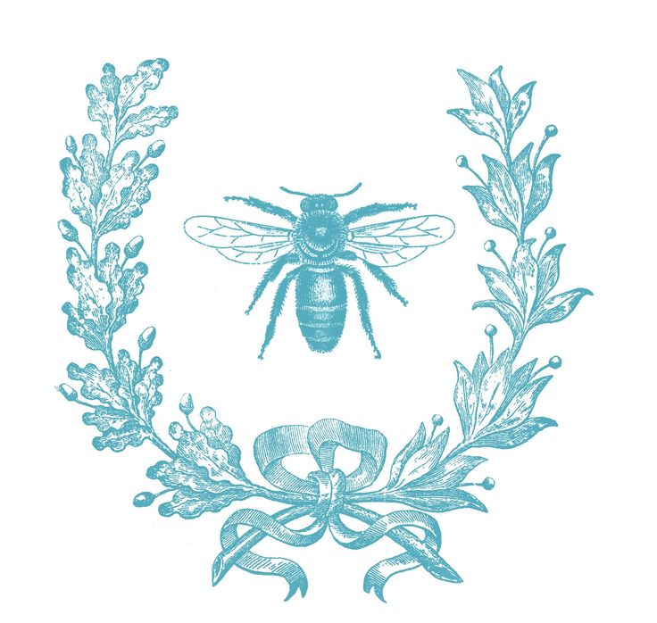 Vintage-style blue illustration of a honeybee centered in a botanical wreath with ribbon bow.