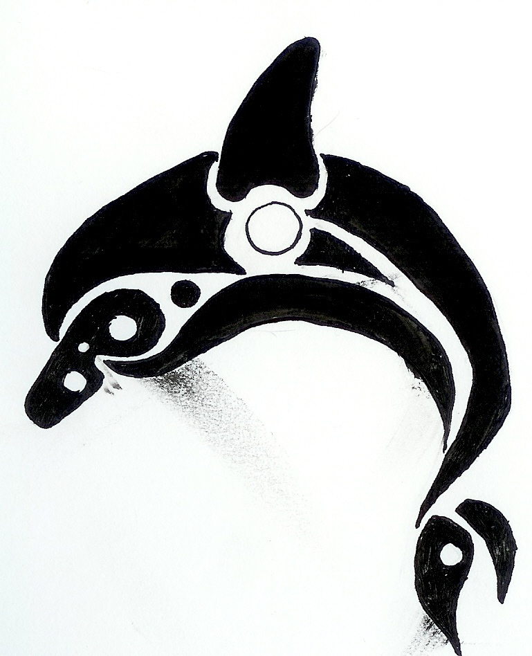 Stylized black-and-white orca whale in Indigenous Pacific Northwest art style, featuring bold curves and symbolic circular motifs.