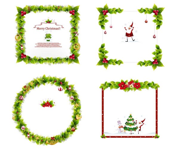 Four festive Christmas frame designs with holly, berries, Santa, wreaths, and trees on white background