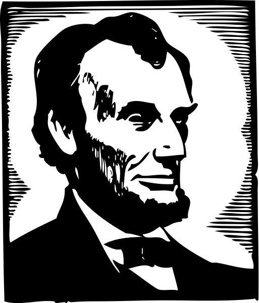 Black-and-white woodcut-style portrait of Abraham Lincoln in profile, wearing a suit and bowtie, with distinctive beard and solemn expression.