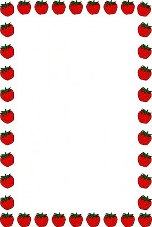 Red strawberry illustration border framing a white central space, cartoon-style with green leafy tops.