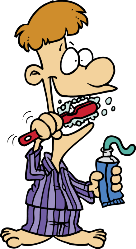 Cartoon child in pajamas brushing teeth with toothpaste foam, holding two toothbrushes and toothpaste tubes.