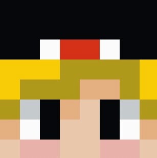 Pixel art character with yellow hair, red headband, and expressive eyes on black background.