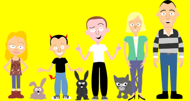 A cartoon family of five adults and children with two cats and a dog, standing against a bright yellow background.