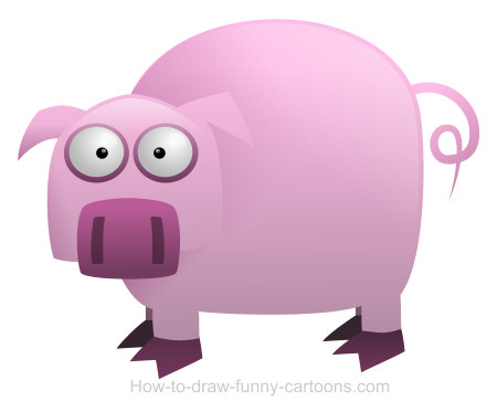 Pink cartoon pig with big eyes and a surprised expression, standing upright on two legs.