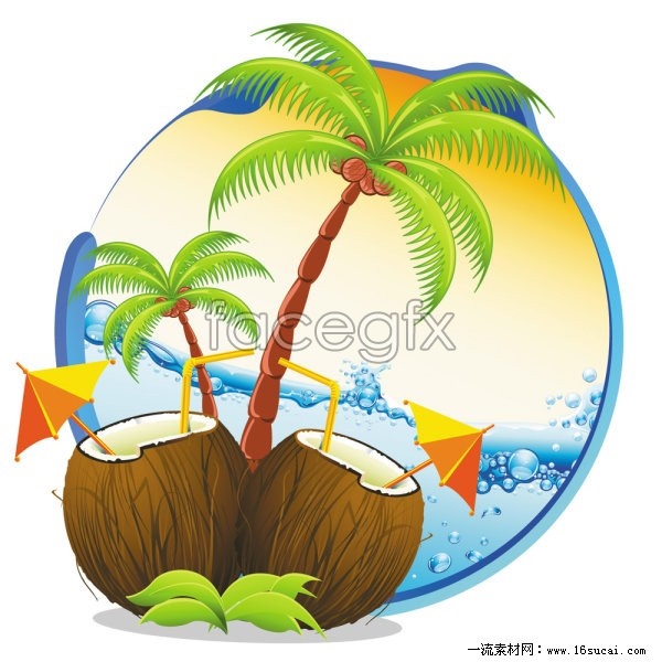 Two coconuts with straws and mini umbrellas, palm trees, and ocean waves in a tropical beach scene.