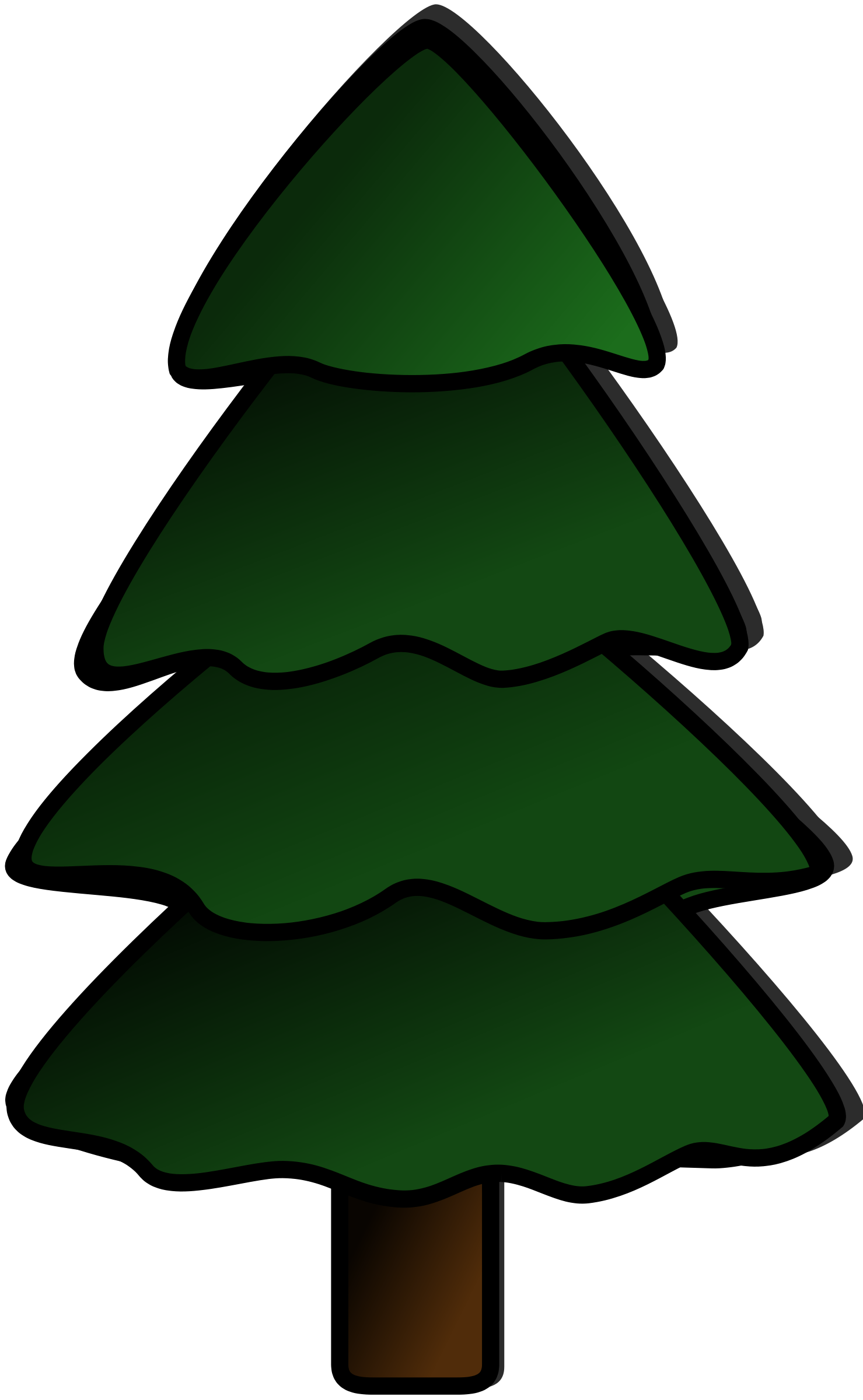 Stylized green evergreen tree with brown trunk and layered triangular foliage on black background.